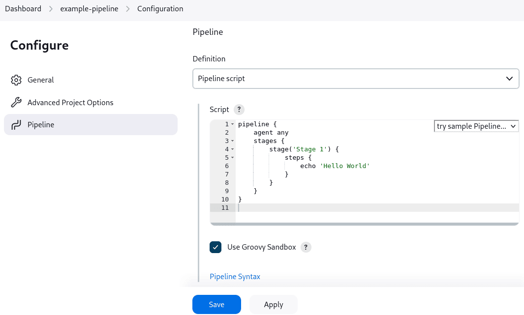 Configure page of 'example-pipeline' with the Pipeline tab selected in the Jenkins Classic UI. The 'Hello World' script is written in the script section, and the 'Use Groovy Sandbox' option is checked.